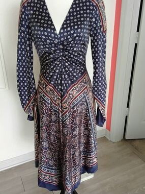 Jonathan Simkhai Navy Printed Long-Sleeve V-Neck Midi Dress